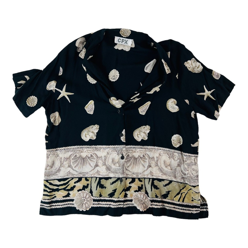 CPX Componix Black w/ Tan Shell Print Short Sleeve Rayon Button Up Size Medium M